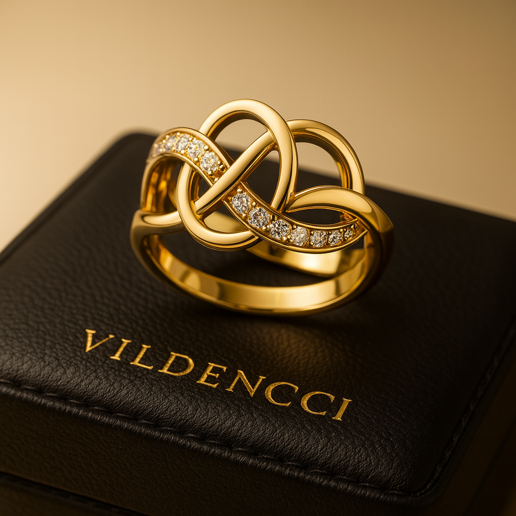 Gold ring with diamond accents on a Vildencci Jewelry Packaging